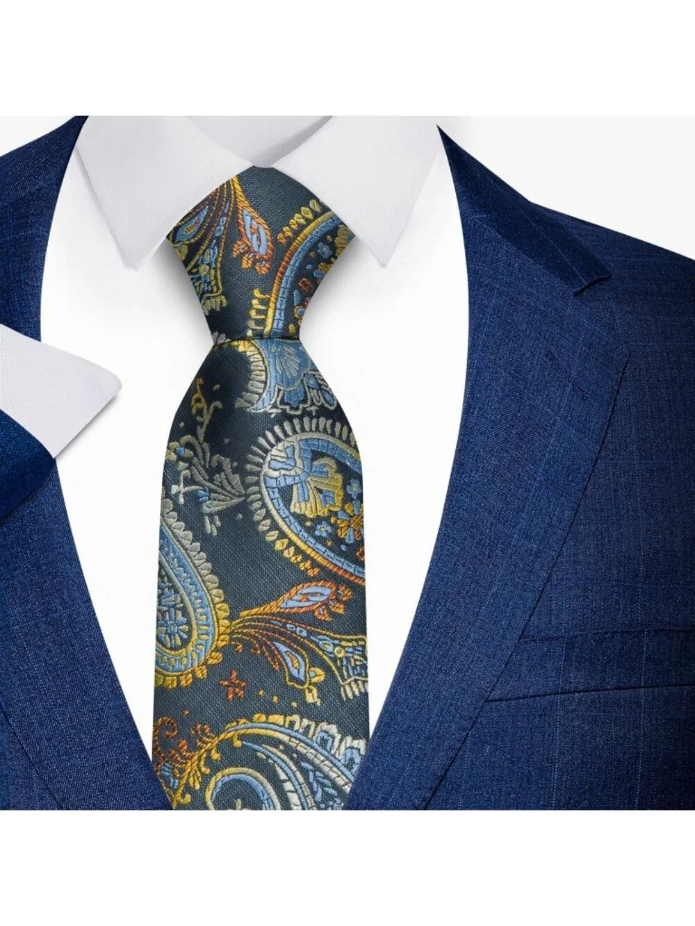 Men's Charcoal Blue 100% Microfiber Paisley Jacquard Formal Necktie For Business